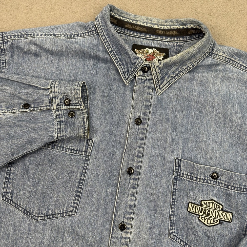 Harley Davidson Denim Long Sleeve Mens 3XL V-Twin Power Blue Button Down